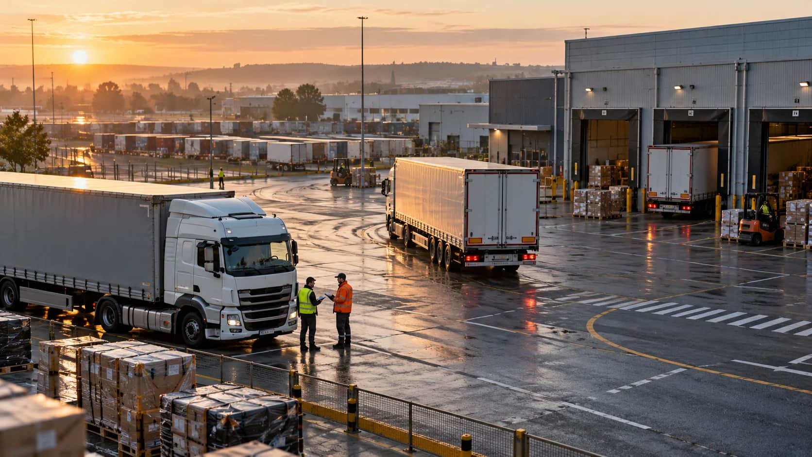 Trucks and dispatch teams at a distribution centre
