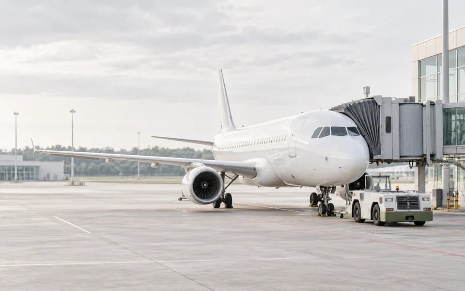 Passenger aircraft at a terminal gate with a jet bridge and pushback tug