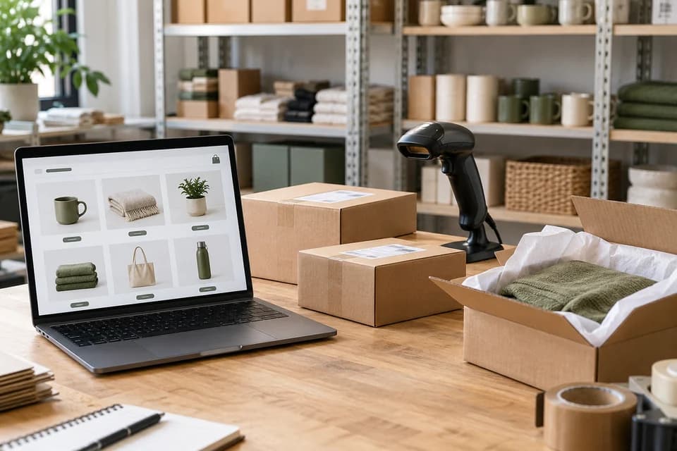 Online product catalogue beside packed orders and a barcode scanner