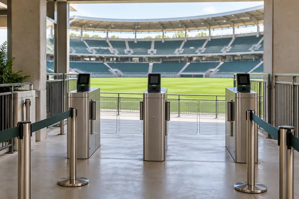 Stadium entry lanes with ticket readers and the seating bowl beyond
