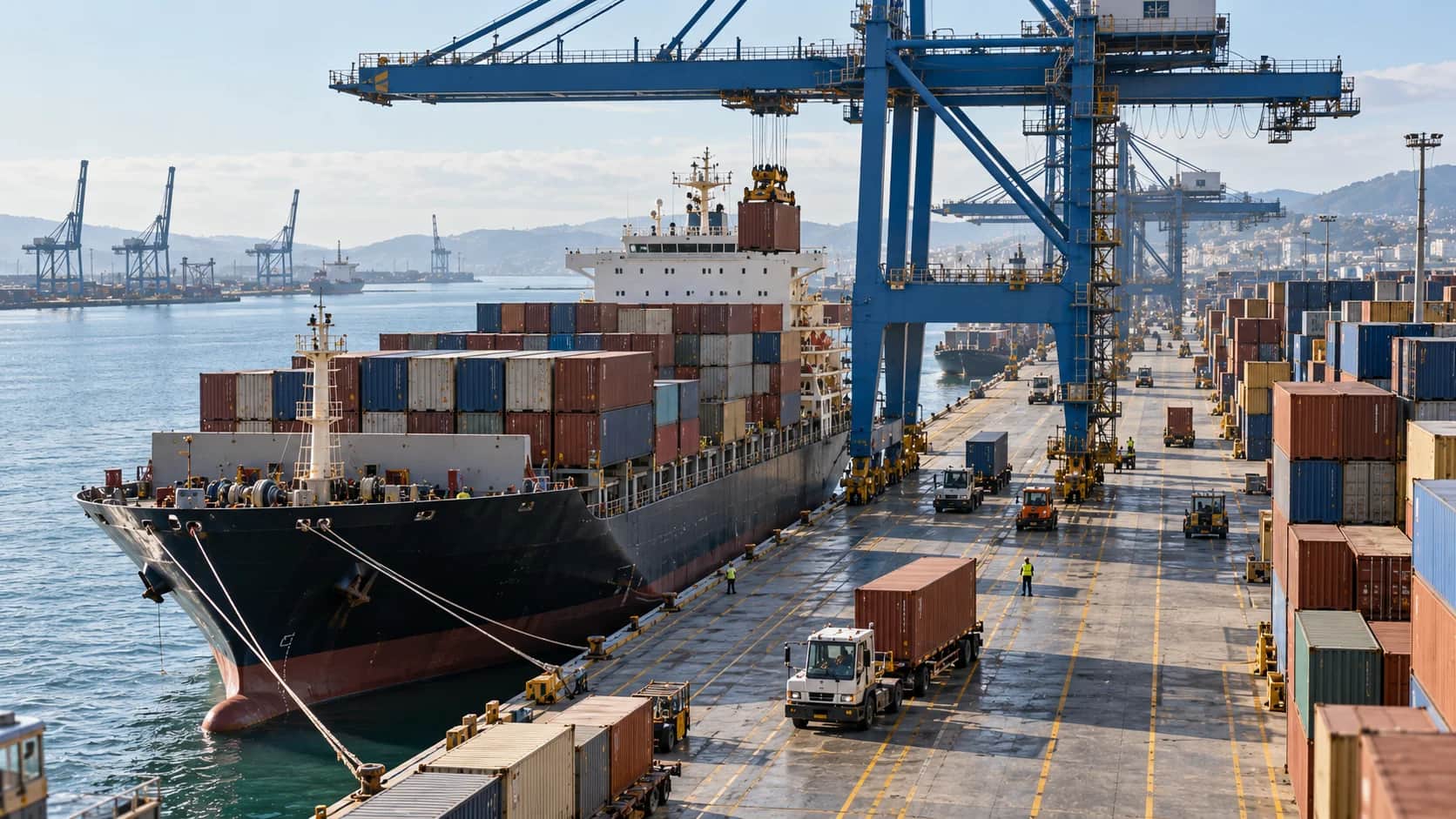 Container ship, cranes and cargo handling at a port