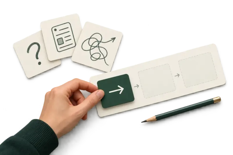Loose ideas becoming a short plan as a hand places the first actionable step